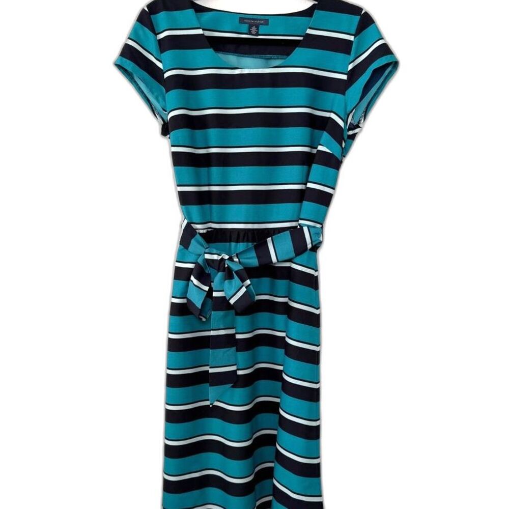 Tommy Hilfiger Teal Black Striped Midi Dress Fit & Flare Size Medium Preppy